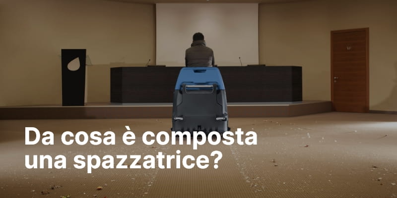 Spazzatrice uomo a bordo in un locale